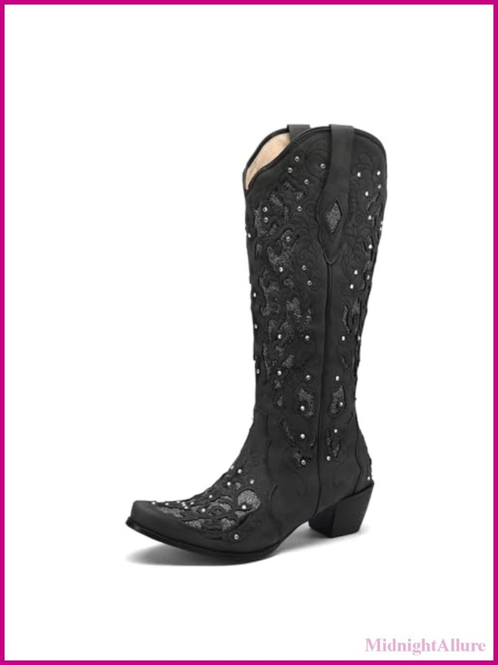 Women's Knee-High Cowboy Boots Chunky Heel Pointed Toe Pull On Rhinestone
